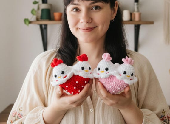 Valentines Crochet Pattern: Chicken Couple Heart Amigurumi - Easy Beginner PDF, Instant Download