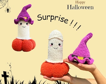 May include: A quirky Halloween-themed crochet item. The image shows a white and orange crochet figure with a smiling face, wearing a purple witch hat. The words "Happy Halloween" and "Surprise !!!" are also visible.