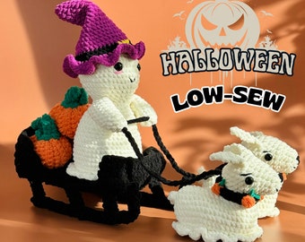 Bundle 5 in 1  Halloween Crochet Pattern | Ghost and Pumpkin Sleigh Ghost Dog | Ghost with hat Crochet Pattern | Spooky Amigurumi Decor