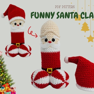 May include: PDF pattern for crocheting a funny Santa Claus figure. The figure is red and white with a white beard and a black belt. The pattern includes instructions for making a hat.