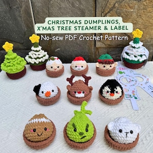 May include: A collection of small crocheted figures in brown baskets, including Christmas trees, a snowman, a reindeer, a penguin, and a green creature. Text reads: CHRISTMAS DUMPLINGS, X'MAS TREE STEAMER & LABEL No-sew PDF Crochet Pattern.
