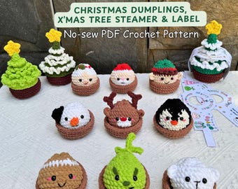 No Sew Crochet Dumpling Pattern Bundle, Christmas Amigurumi Ornament PDF, Santa Snowman Reindeer Steamer