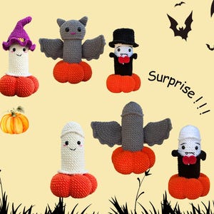 May include: A collection of handmade Halloween-themed crochet figures. The figures include a witch, a bat, a vampire, and other characters, all with orange, white, and gray color schemes. The word "Surprise!!!" is written in the image.