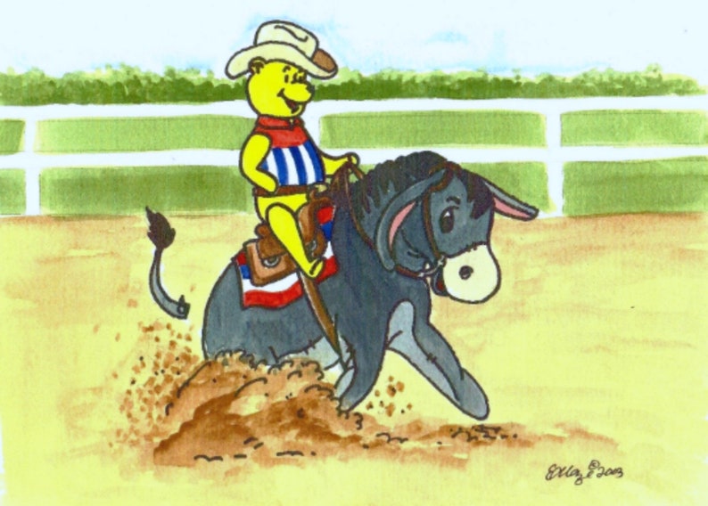 POOH AND EEYORE Reining Champs Sliding Stop Original Painting image 1