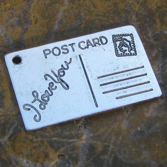 6 Antique Silver Plated Brass I Love you Post Card Pendants Love Charms 1057