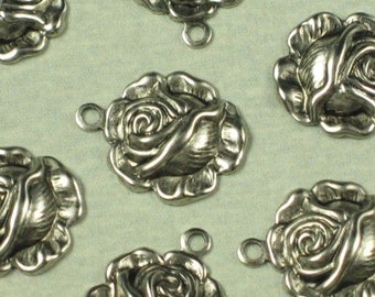 12 Antique Silver Brass Rose Charms Jewelry Findings 429