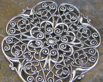 Filigree Antiqued Silver Plated Brass Jewelry Finding Round 1296 - 3 Pieces