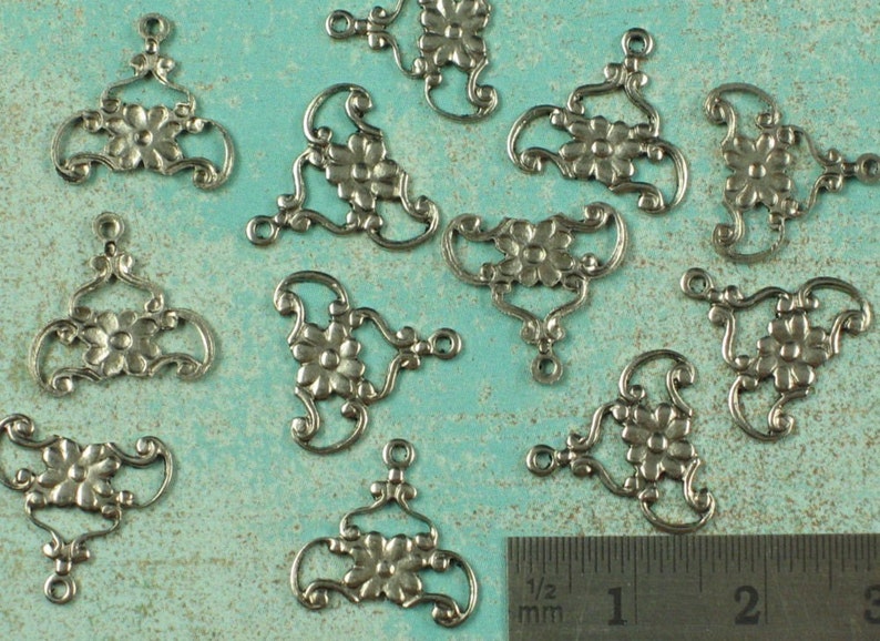 12 Antique Silver Flower Earring Drops Jewelry Findings 467 image 2