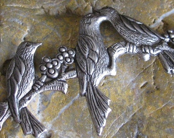 1 Large Antique Silver 3 Bird and Branch Metal Stamping CO019