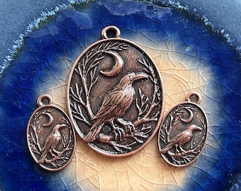 Raven/Branch/Moon Pendant, Earring/Charm dangles, Bird lovers, Nature Lovers, Copper Plated, Unique