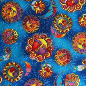 Laurel Burch &quot;Celestial Dreams&quot; fabric, Rare, Metallic Suns & Moons, BTHY (sold by the HALF yard)