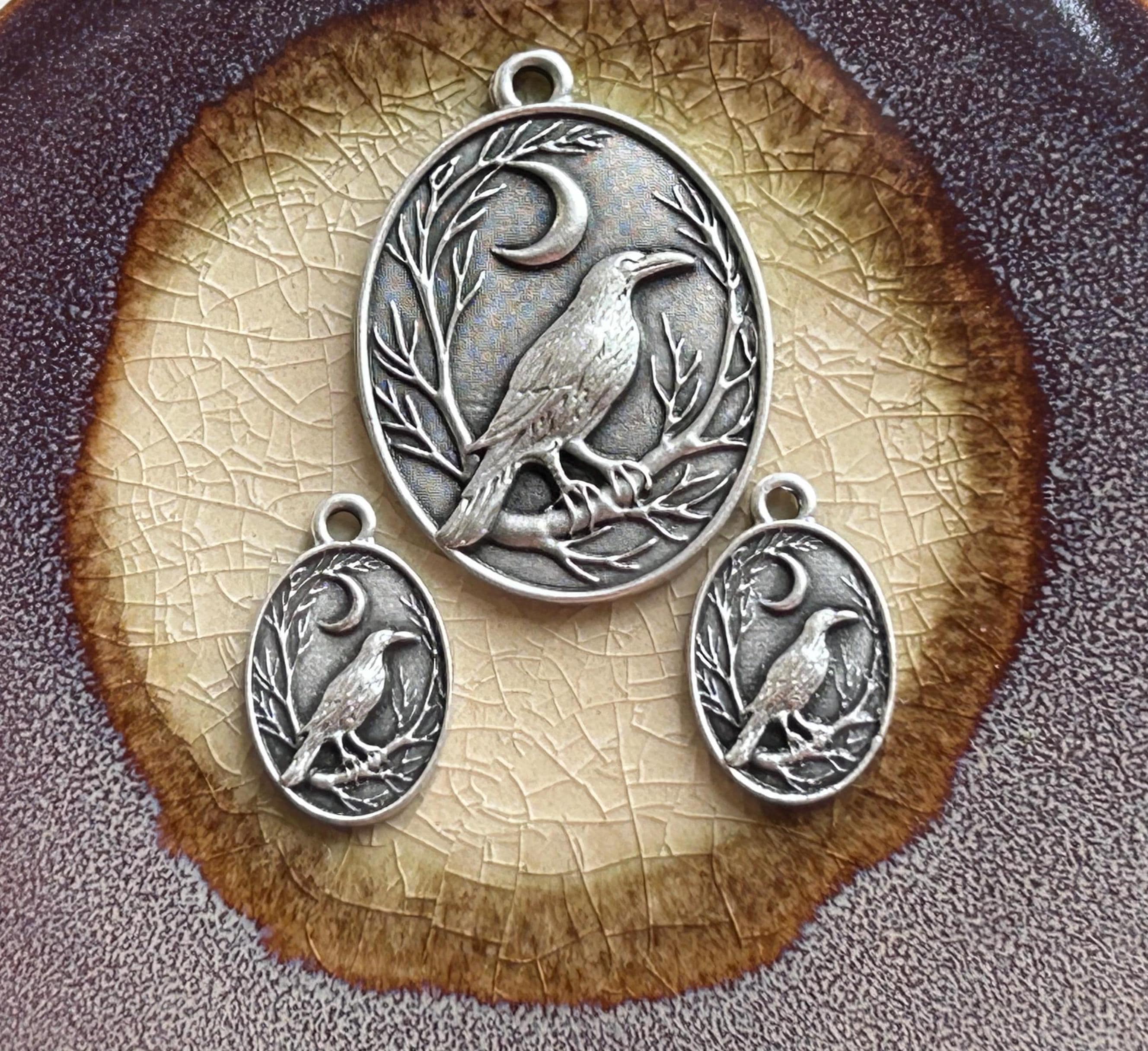 Raven/Branch/Moon Pendant, Earring/Charm dangles, Bird lovers, Nature Lovers, Silver Plated, Unique