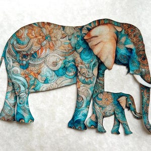 May include: A blue and orange patterned elephant with a smaller elephant beside it. Both elephants have intricate designs and a whimsical style.