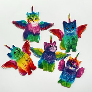 May include: Five rainbow tie-dye unicorn cat patches with wings. The cats are all different colors and have a unicorn horn on their head.