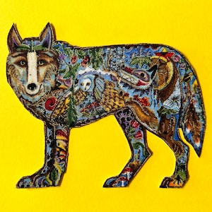 May include: A detailed, colorful patch in the shape of a wolf, featuring intricate patterns of flora, fauna, and geometric designs. The wolf is depicted in a standing pose against a bright yellow background. The patch has a textured appearance.