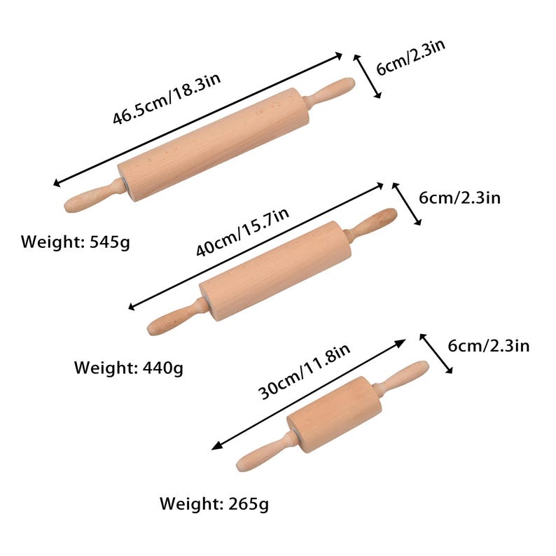 Pu&ograve; includere: Tre mattarelli di legno di diverse dimensioni. Il mattarello pi&ugrave; grande &egrave; lungo 46,5 cm e pesa 545 grammi. Il mattarello intermedio &egrave; lungo 40 cm e pesa 440 grammi. Il mattarello pi&ugrave; piccolo &egrave; lungo 30 cm e pesa 265 grammi.