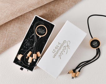 Personalized groomsmen charging cables, custom corporate party gifts, custom groomsmen gifts, personalize your technology accessories
