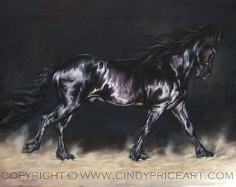 Out of the Dark - Friesian Horse Print of pastel painting