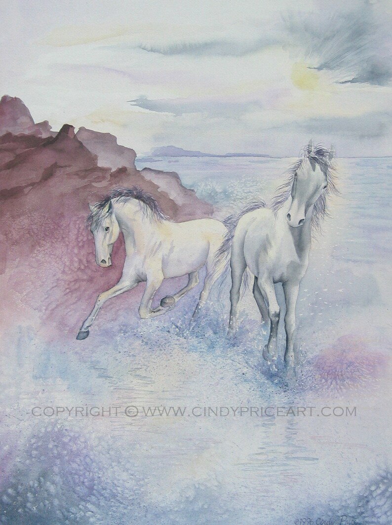 Sea Splash Running Horses in the Ocean Print of Original Watercolor Painting image 1