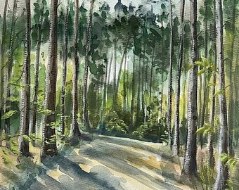 Watercolor painting, trees landscape trail original art by Cindy Price McMurray