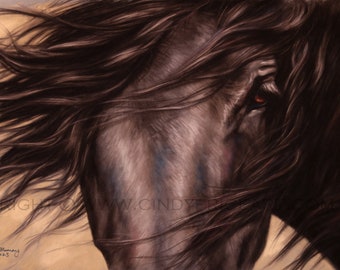 Black Friesian horse Original Pastel painting Windswept by Cindy Price McMurray equine art drawing