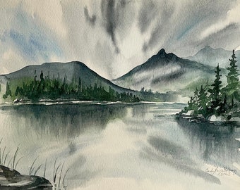 Watercolor painting, mountain reflection landscape original art by Cindy Price McMurray