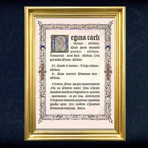 May include: A framed print with gold trim features the text "egina caeli" in ornate calligraphy. The print has a cream-colored background with decorative borders in blue and gold. The frame is a shiny gold color.