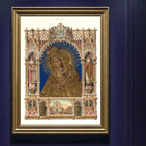 May include: A framed religious artwork featuring a gold-toned depiction of a figure with a halo, set against a blue background. The artwork is ornate, with architectural details and figures on either side. The frame is gold.