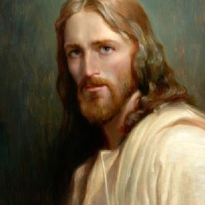 May include: A portrait of a man with long, wavy brown hair and a reddish-brown beard. He is wearing a white robe and looking towards the viewer. The background is a dark teal color. The painting is signed in the bottom left corner.