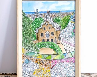 原画#3747 グエル公園　バルセロナ　スペイン　水彩画　ドローイング　風景画 スペイン バルセロナ ガウディ作 グエル公園 透明水彩原画 絵画