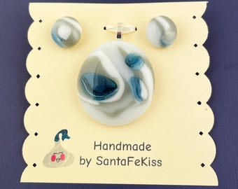 Jewelry Set – Fused Glass Blue Grey Pendant & Stud Earrings, a special gift for Mother's Day
