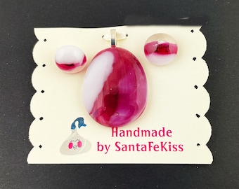 Jewelry Set – Fused Glass Burgundy and White Pendant & Stud Earrings, a special gift for her