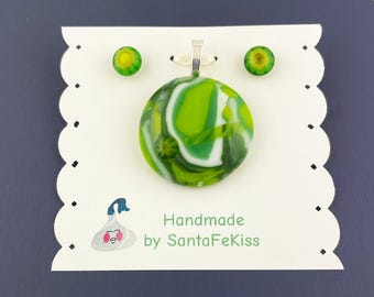 Jewelry Set – Fused Glass Green White Pendant & Stud Earrings, a special gift for Mother's Day