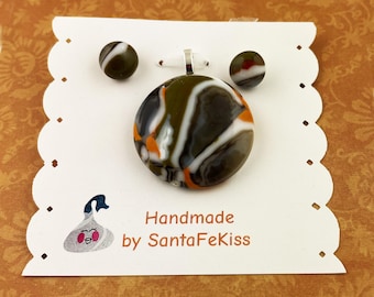 Jewelry Set – Fused Glass Brown Mustard Pendant & Stud Earrings - Mother's Day gift