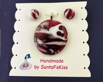 Jewelry Set – Fused Glass Burgundy White Pendant & Stud Earrings, a special gift for Mother's Day