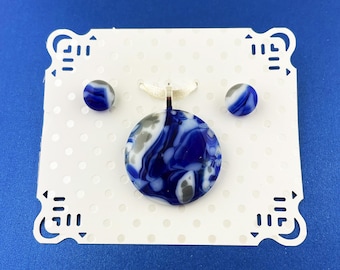 Jewelry Set – Fused Glass Blue, Grey Pendant & Stud Earrings, a special gift for Mother's Day