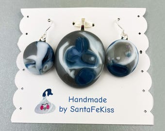 Jewelry Set – Fused Glass Blue Gray Pendant & Stud Earrings, a special gift for her