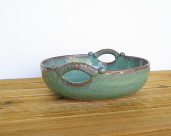 Sea Mist Stoneware Pottery Ceramic Serving Bowl, Two Handles, Rustic Kitchen, Home Decor, Teal Glaze