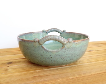 Ceramic Serving Bowl, Two Handles, Sea Mist Stoneware Pottery, Teal Glaze