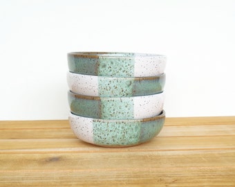 Prep Bowls, Stoneware Ceramic, Pottery Snack Bowls, Sea Mist and White Glazes - Set of 4