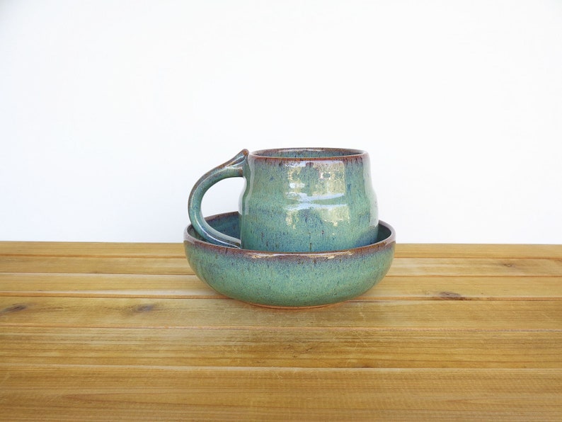 Ceramic Pottery Breakfast Set One Mug and One Bowl in Sea Mist Glaze, Rustic Stoneware, Kitchen Pottery image 3