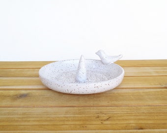 Stoneware Ceramic Ring Dish in Glossy White Glaze with Bird Decoration, Wedding Ring Dish, Jewelry Bowl
