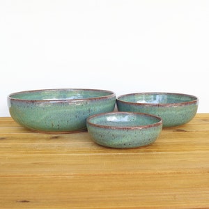 Ceramic Nesting Pottery Bowl Set in Sea Mist Glaze, Green Blue Stoneware Serving Bowl, Teal Glaze Set of Three image 5