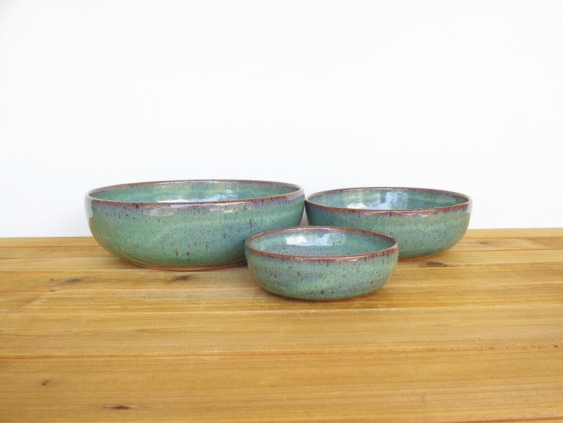 Ceramic Nesting Pottery Bowl Set in Sea Mist Glaze, Green Blue Stoneware Serving Bowl, Teal Glaze Set of Three image 5