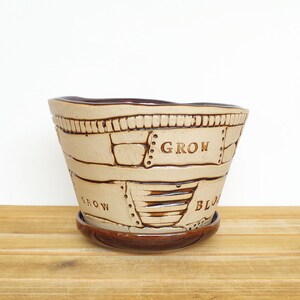 Stoneware Patchwork Planter Pot in Turkish Amber Glaze, Garden Pottery, Textured Ceramic Planter with drip tray image 5