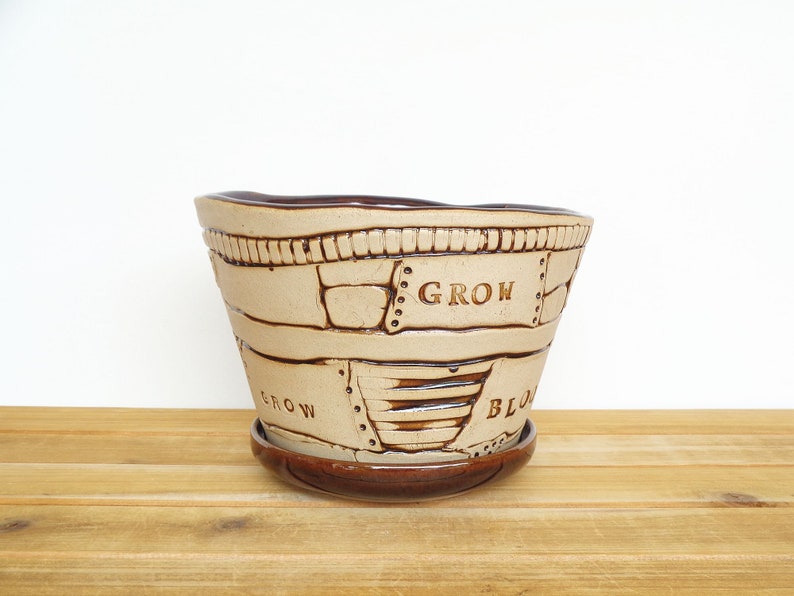 Stoneware Patchwork Planter Pot in Turkish Amber Glaze, Garden Pottery, Textured Ceramic Planter with drip tray image 5