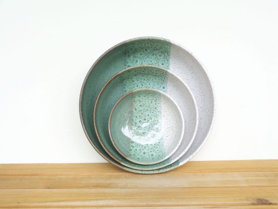 Nesting Pottery Bowls in Sea Mist and Glossy White Glazes, Rustic Ceramic Kitchen, Teal and White, Stoneware Pottery Bowls - Set of 3