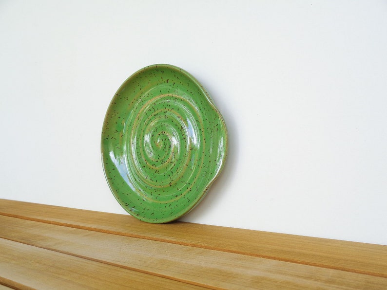 Spoon Rest Stoneware Ceramic in Bright Spring Green Glaze, Kitchen Pottery Food Prep image 2