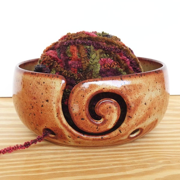 Pottery Yarn Bowl in Shino Glaze, Stoneware Ceramic - Spiral Design with 2 Holes