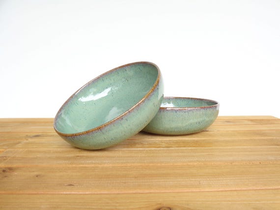 Pasta Bowls in Sea Mist Glaze - Stoneware Pottery, Teal Blue Green Glaze, Set of 2